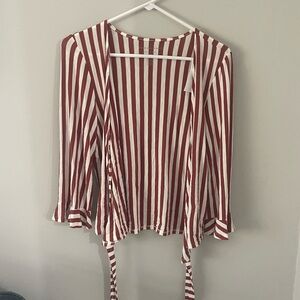 NWT American Eagle white & red striped flare slave wrapped shirt top blouse Lg